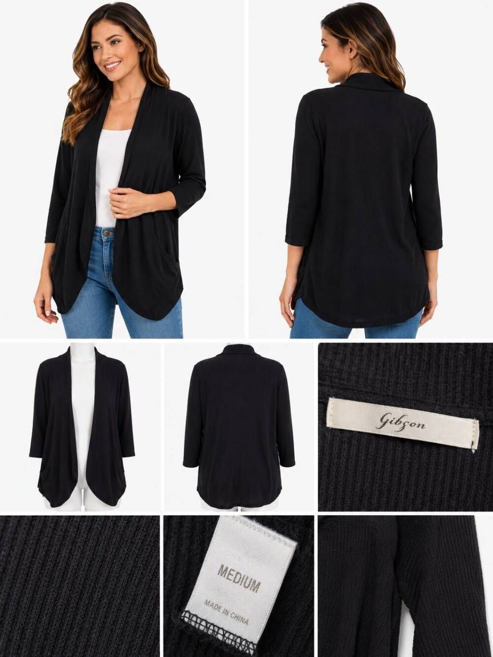 Gibson M Black Open Front Waffle Knit Lightweight Cardigan